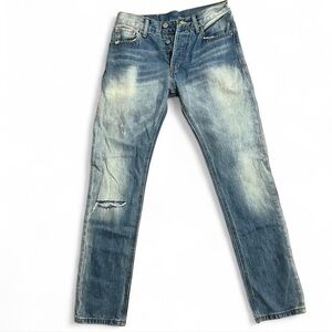 MNML Button Fly Blue Distressed Jeans Size 28